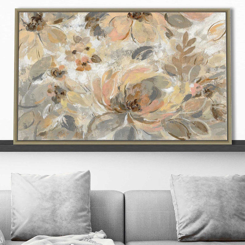 Ivoire floral - peinture, Cadre flottant champagne, H 31,5 po x l 51,5 po x P 2 po