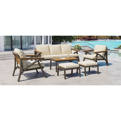 6-Piece Outdoor Patio Furniture Set, Steel Frame Sofa Set with 3-Seat Couch, 2 Armchairs, 2 Ottomans & Acacia Wood Coffee Table, Cushioned Seating for Backyard, Garden, Poolside, Beige Cushion