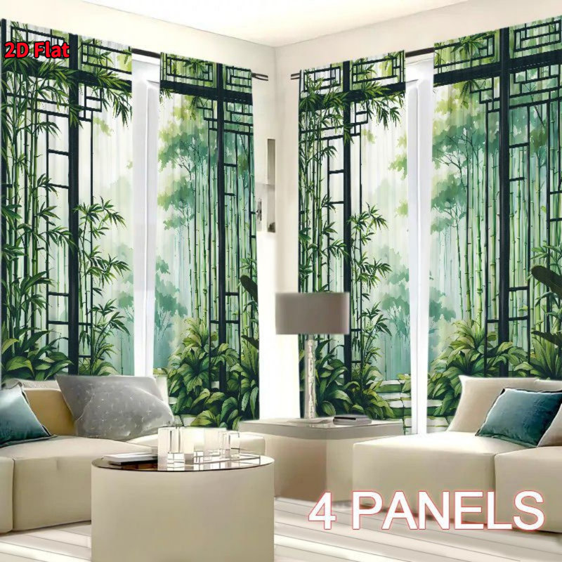 4Pcs Nature Bamboo Forest Scenic Curtains, Green Leaf Landscape Printed Window Drapes for Home Decor, Rod Pocket Light Filtering Panels Living Room, Bedroom, Dining, Kitchen, Decoration