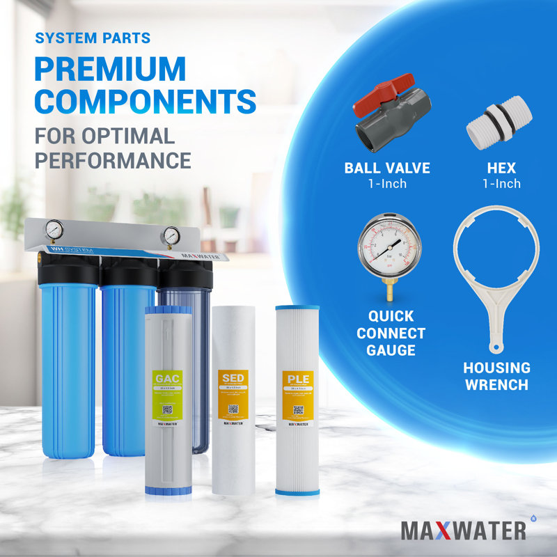 Système de filtration d'eau Max Water 3 étages (bon pour l'eau de ville et de chalet) de 20 pouces pour toute la maison
