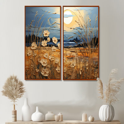 Yellow Blue Prairies Whispers Patchwork I - Blue Traditional Art Prints On Canvas