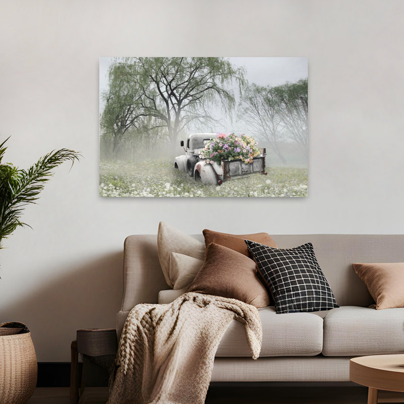 Art rétro contemporain de paysage de camion de fleurs rétro, H 32 po x l 48 po