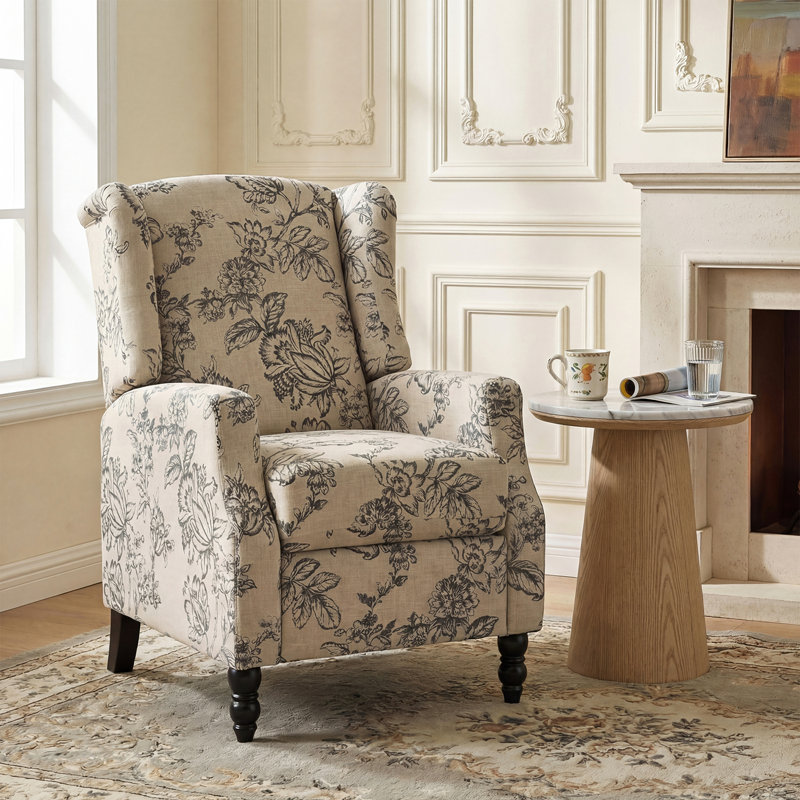 Celia Upholstered Manual Recliner with Classic Wing Back and Solid Vase-Shape Wooden Legs, Indigo