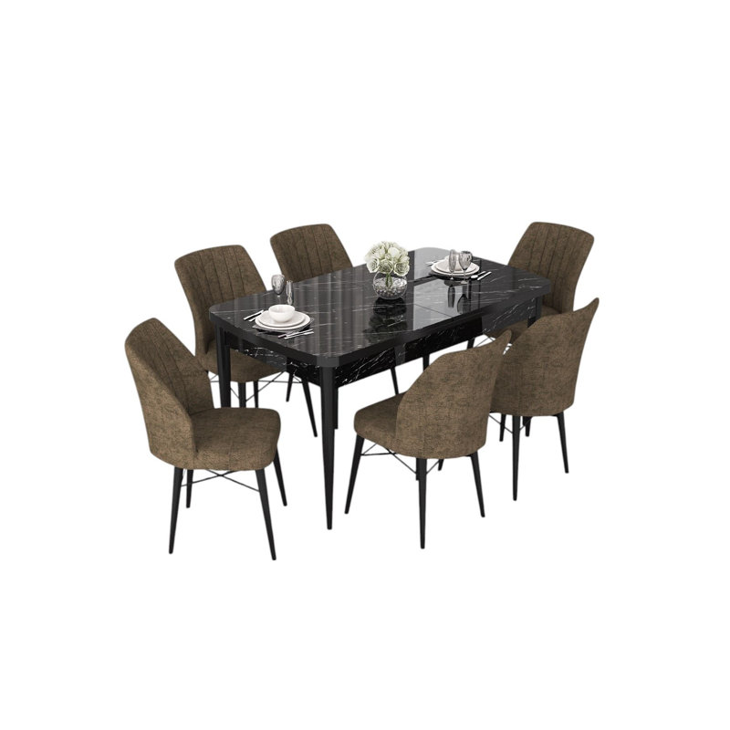 Ensemble de table et chaises de salle à manger extensible Modern (7 pièces), marbre noir et brun, table: 44,9 po x 30,7 po x 27,6 po, chaises: 17,7 po x 35,4 po x 16,5 po | 100% panneau de fibres à densité moyenne avec pieds en bois et structure en métal | Siège confortable en mousse, design élégant et fonctionnel
