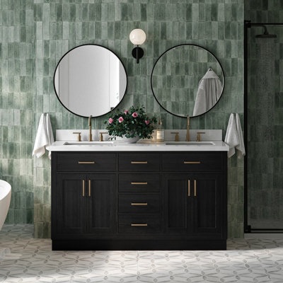 Meuble-lavabo double en bois massif Tidworth avec plateau en quartz blanc de 1,5 po