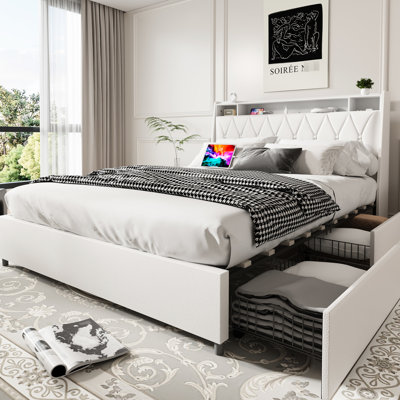 Structure de lit pleine grandeur avec tête de lit et prises de courant, métal robuste, rangement, silencieux, aucun sommier nécessaire, tête de lit ergonomique blanche pour chambre à coucher et tablette en métal, ressort, pour