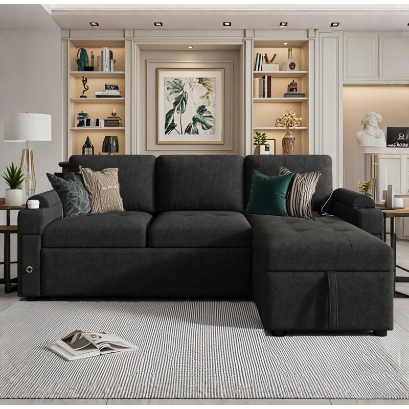 83.5" L-shaped Sofa Couch Convertible Sofa Bed Sectional Sofa with Ample Storage  Space, Two Cup Holders and Two USB Ports for Living Room