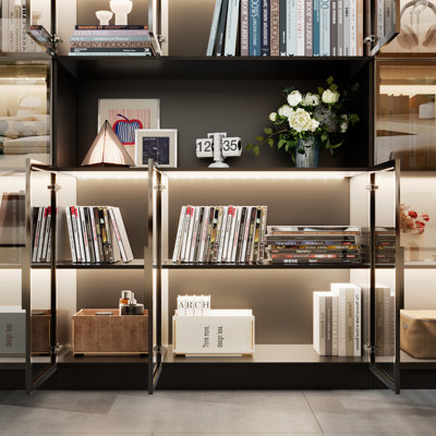 Combination Bookcase With Glass Doors And Led Lights