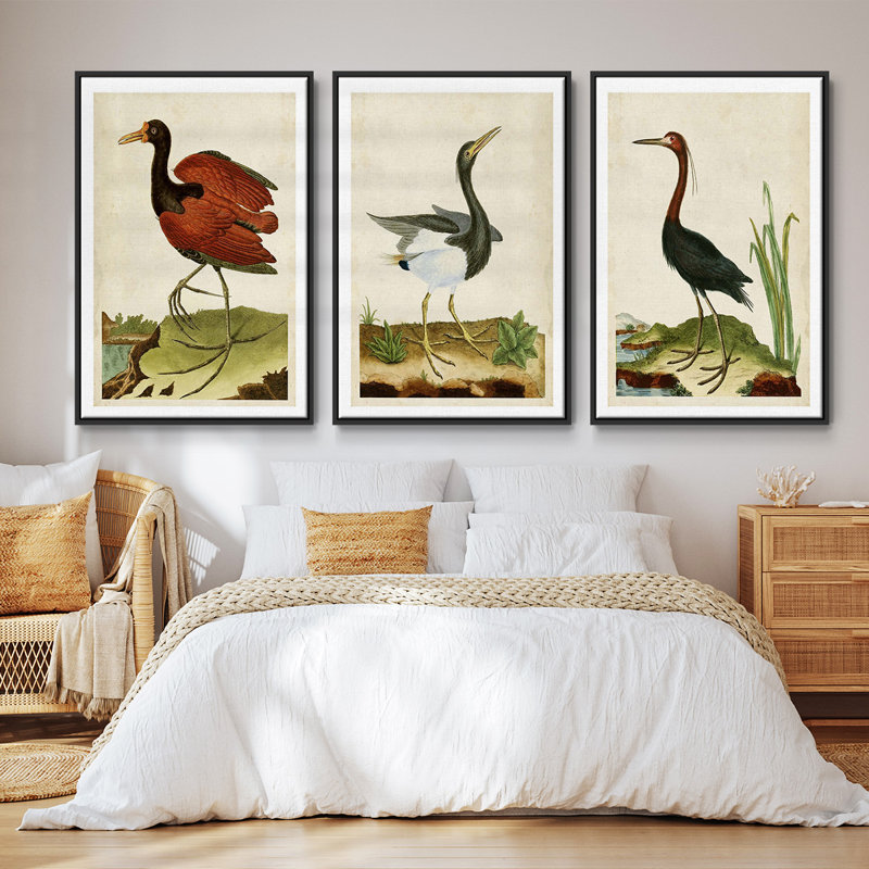 Heron Portrait IV, ensemble de 3 toiles encadrées, H 36 po x l 72 po, Cadre noir