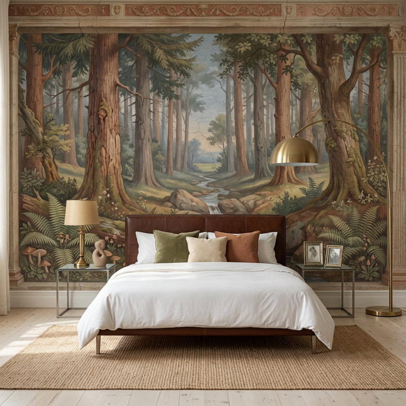 Forêt, paysage mural, ruisseau et cascade, grands arbres, décoration murale amovible, 120 po x 96 po, Peler et coller