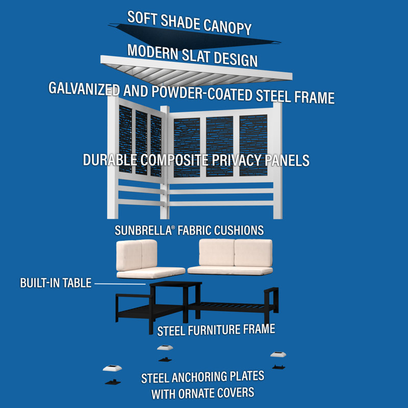 White Galvanized Steel Cabana Pergola with Canopy and Seating