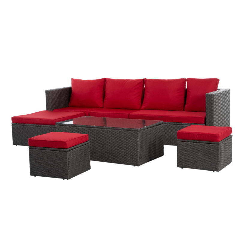 Ensemble de 7 meubles de patio saisonniers en osier avec canapé-lit réglable pour plus de confort et de durabilité, Rouge