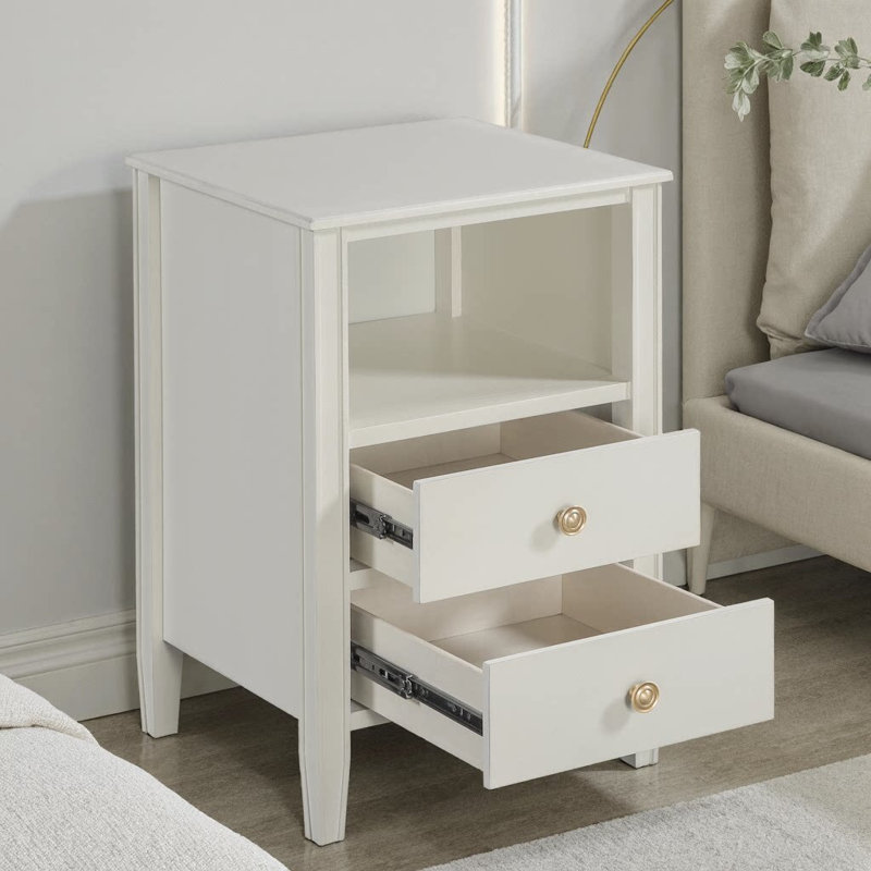 Winston 2-Drawer Nightstand with Open Shelf, Brushed Gold Knobs, Fluted Tapered Legs, No Assembly Required, White