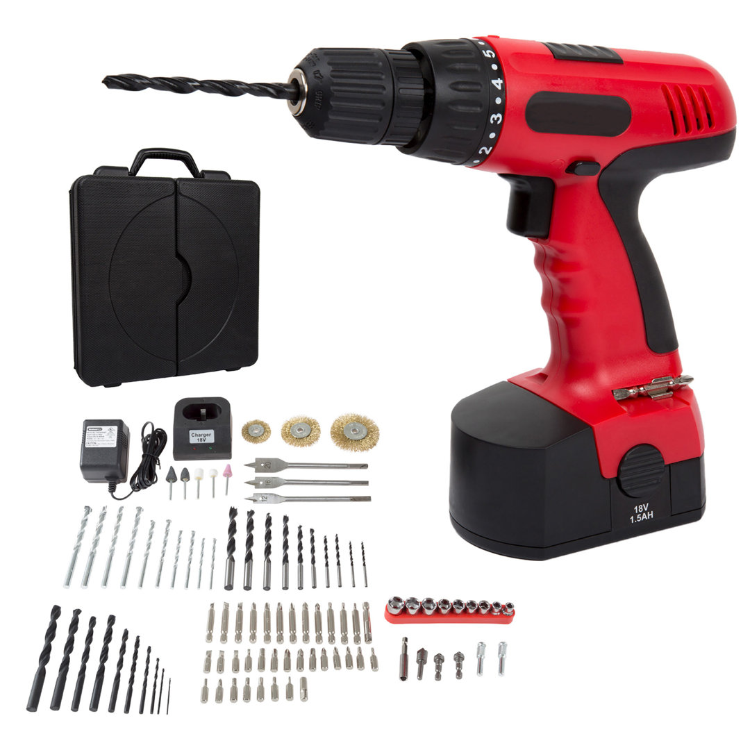 Stalwart 89-Piece 18V Cordless Drill Set with Rechargeable Battery and Charger, Red Stalwart