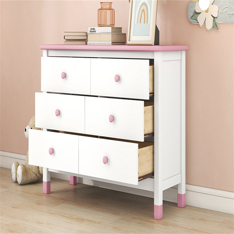 Commode de rangement 6 tiroirs en bois, Rose blanc