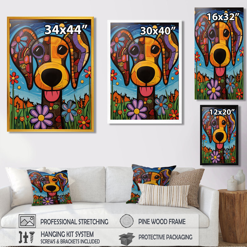 Portrait géométrique multicolore de chien - Décoration murale chien, H 20 po x l 12 po x P 1 po, Toile tendue
