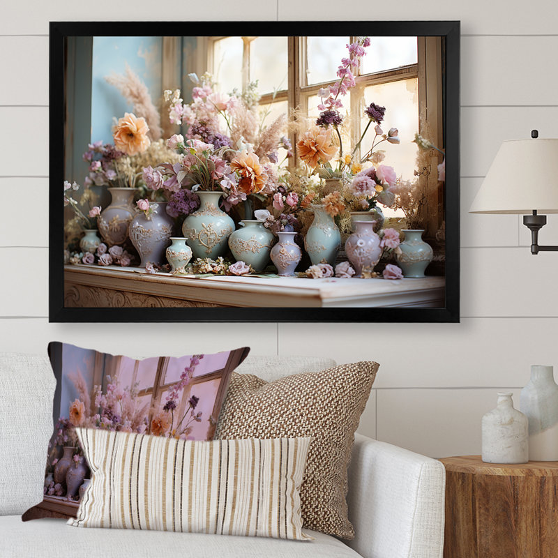 Décoration florale mauve rococo, Cadre d'angle fermé noir, H 30 po x l 40 po x P 1,5 po