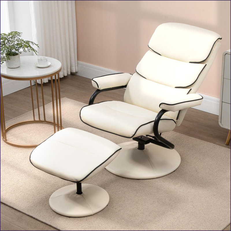 Fauteuil inclinable avec repose-pieds, fauteuil inclinable pivotant en faux cuir avec dossier réglable à 135 ° | Crème | Similicuir