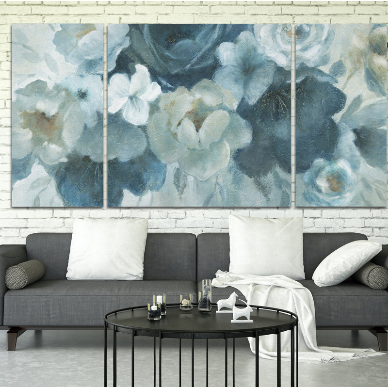 Bleu sur bleu - 3 pièces, peinture sur toile, H 40 po x l 80 po x P 1,5 po