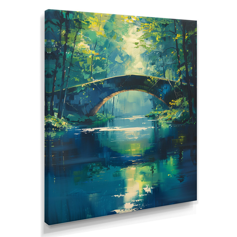 Bleu, été, rivière, voie d'eau, pont, pont, art mural, salon, Toile tendue, H 20 po x l 12 po