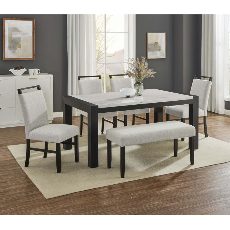 Banc de salle à manger contemporain rembourré avec finition noire et tissu gris clair pour une assise élégante