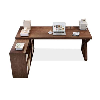Bureau de direction en L en bois massif brun noisette