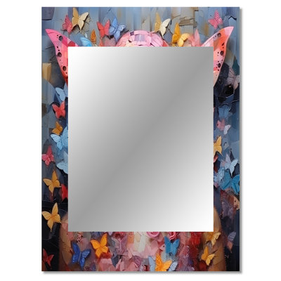 Pink Butterfly Glamour woman portrait II - Woman Glam Decorative Mirror, Glam Large Wall Mirror, Printed Metal Art