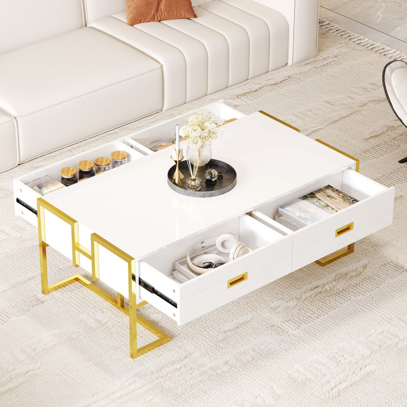 Table basse moderne moderne avec 4 tiroirs, plateau et base en métal doré, grand centre de rangement de salon, Blanc