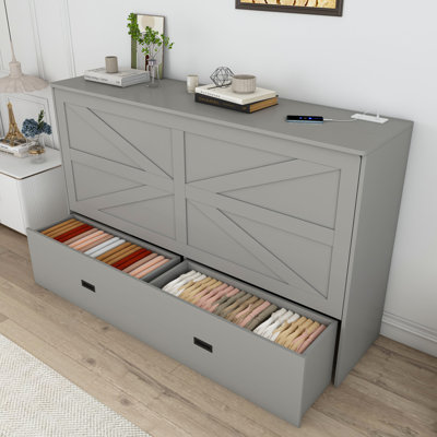 57 inches Murphy bed, with storage drawers and charging cabinet, with foldable panels, with swivel wheels, noise-free, suitable for guest rooms, living rooms and offices,gray(old sku W509S00156)