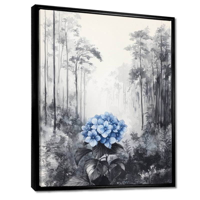 Hydrangée dans une forêt monochrome, Noir, Reproduction avec cadre flottant, H 20 po x l 12 po