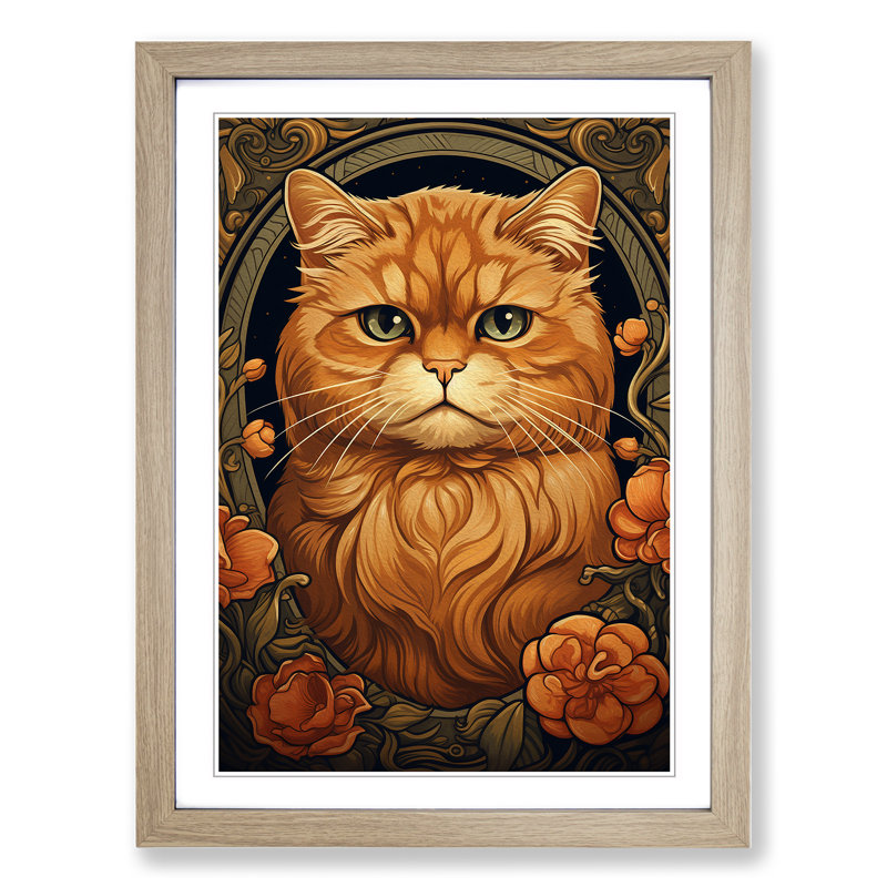 Cat Nouveau - Single Picture Frame Print on Wood, Oak Framed, 64cm H x 46cm W x 2cm D