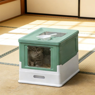 Foldable Hooded Cat Litter Box Enclosed, Smell Proof With Top Exit & Front Entry, Includes Pull-Out Drawer Tray & Scoop, Portable Kitty Potty House, Green