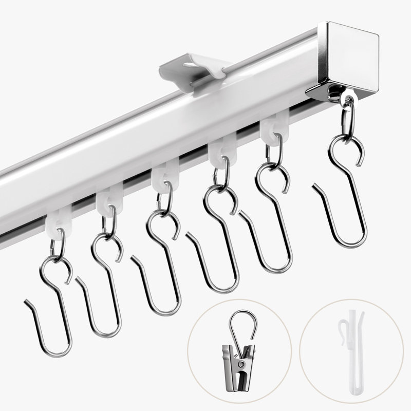 Birglinde Ceiling Mount Curtain Track System, Heavy-Duty Aluminum Rail for Wall or Ceiling Installation, Adjustable Length with Silent Glide, Complete Set with Hooks, for Room Divider, Bedroom, RV, White