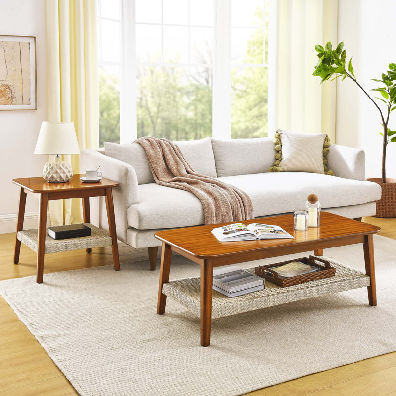 23" Mid-Century Side Table With Woven Shelf, Boho Side Table With Storage