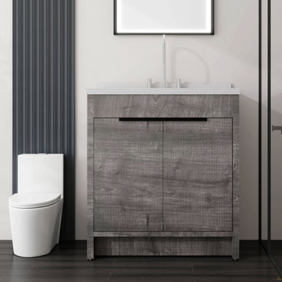 Meuble-lavabo autoportant 36 po avec lavabo 36 po, porte à fermeture en douceur, comptoir et dosseret en marbre de culture blanc de 2 po Carrara, contreplaqué, gris