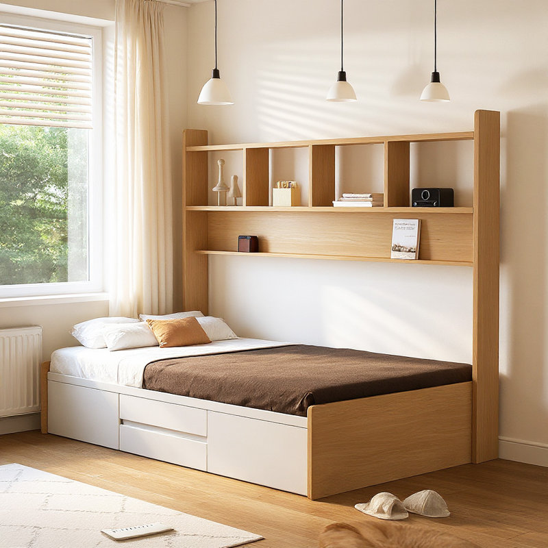 Andriena Full-size multifunctional bed with four storage drawers and  bookshelf, suitable for one person, in natural color