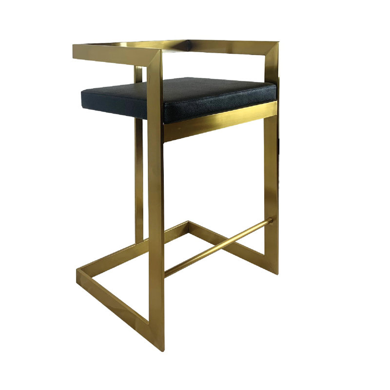 Rondions Upholstered Faux Leather Counter Stool with Stainless Steel Frame, Black/Gold Frame