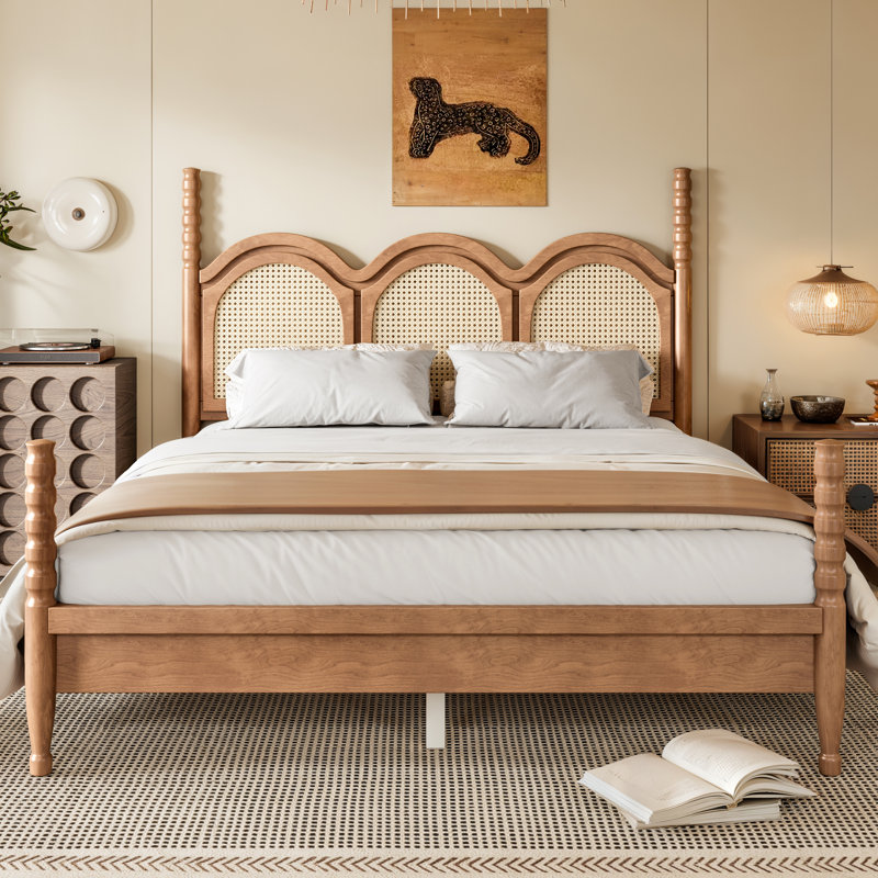 Lit plateforme Queen Size avec tête de lit arquée en osier, cadre de lit en bois, lit à baldaquin pour chambre à coucher, naturel