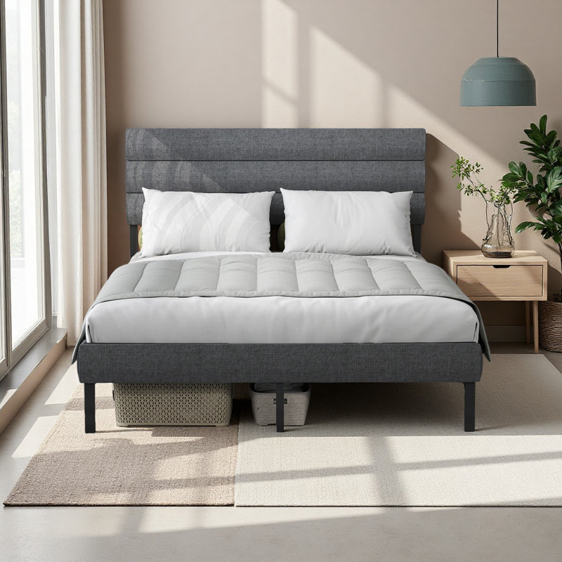 Structure de lit plateforme tapissier - avec tête de lit, aucun sommier nécessaire, rangement sous le lit 14 po, Gris