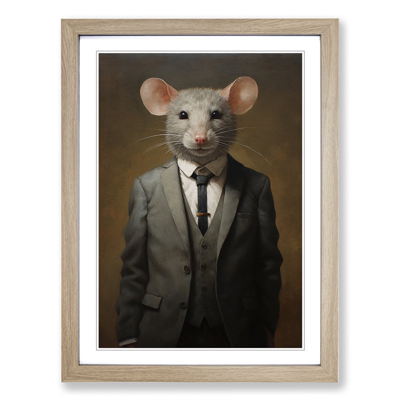 Mouse In A Suit Painting - Single Picture Frame Print on Wood, 34cm H x 25cm W x 2cm D, Oak Framed