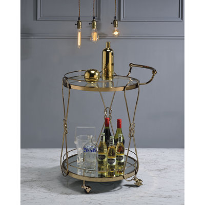 Distinctive Champagne Serving Cart, 2 Open Compartments For Storage, Clear Tempered Glass Shelf, 5Mm Mirrored Base, Metal Frame & Handle, Caster Wheels Practical Uses Colored Cart Serving, Round Form,