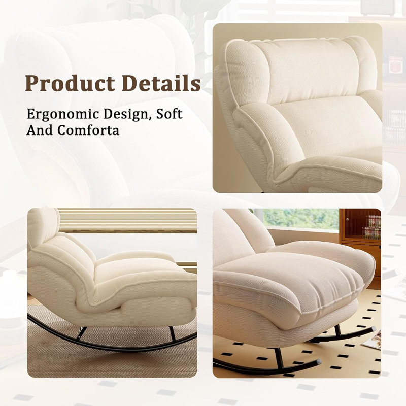 Chaise berçante surdimensionnée surdimensionnée, fauteuil inclinable avec trois hauteurs de dossier réglables, chaises berçantes modernes avec tissu en laine, fauteuil de lecture confortable pour la chambre à coucher / le salon / le bureau-blanc
