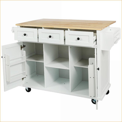 Chariot pour îlot de cuisine avec abattant en bois d'hévéa, armoires de rangement et amp; 3 tiroirs, roulettes - blanc | Faux bois