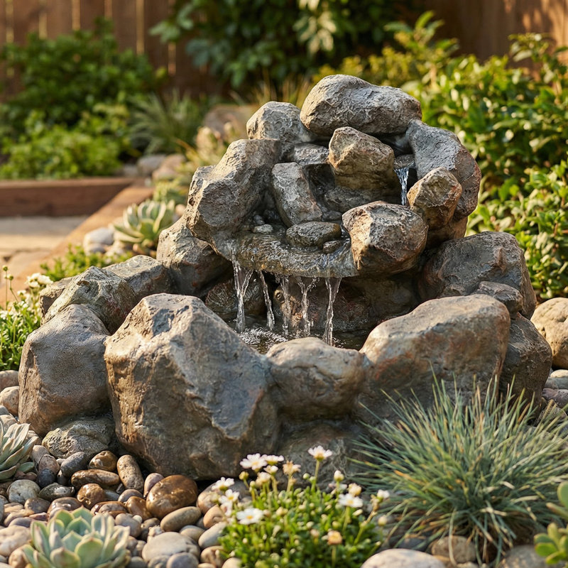 Florin Weather-Resistant Rocky Waterfall Outdoor Water Fountain with Lights