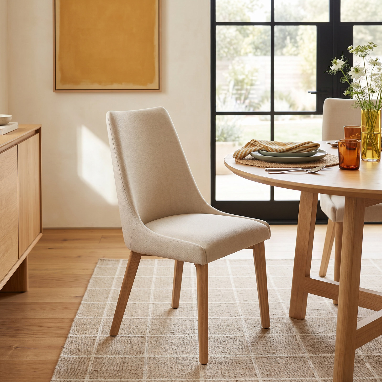 Emestina Linen Dining Chair, Natural Frame/Ivory Cushion