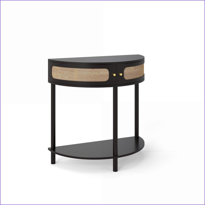 Demi-Lune Rattan Coffee Table for Living Room – Space-Saving with 2 Drawers &amp; Bottom Shelf, Black