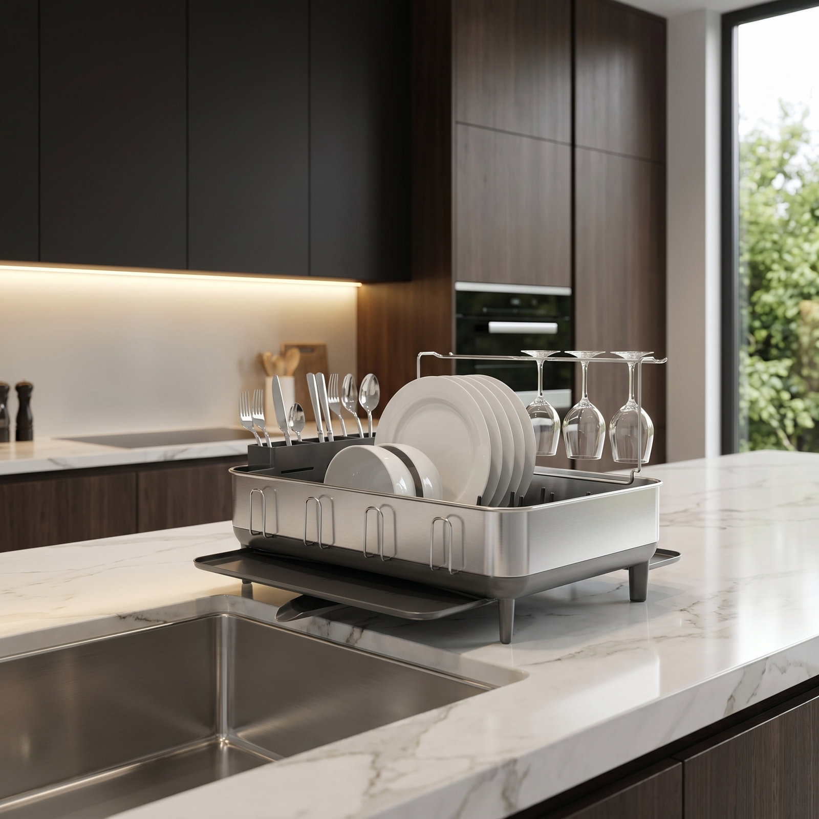 simplehuman Kitchen Dish Drying Rack with Swivel Spout, Fingerprint-Proof Stainless Steel Frame, Brushed