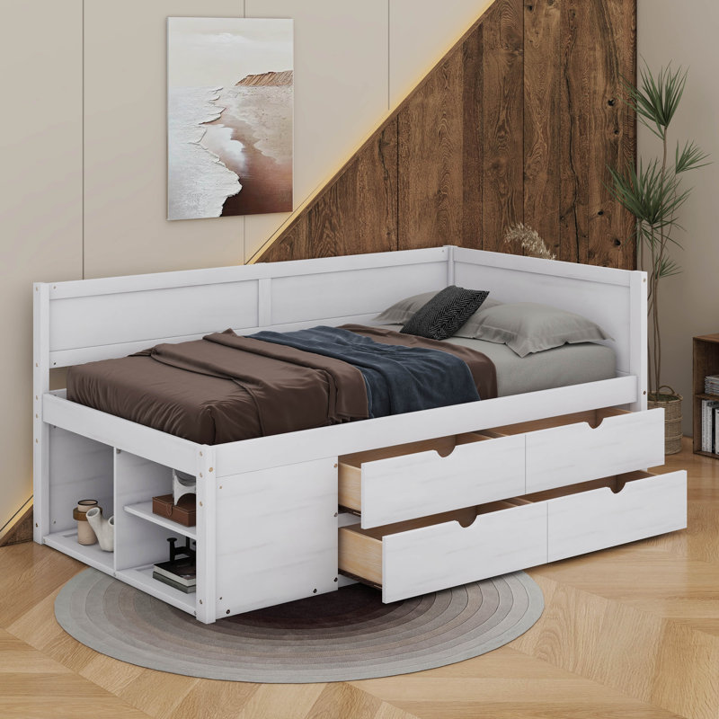 Lit de jour avec tiroirs et tablettes, Lit simple, Blanc