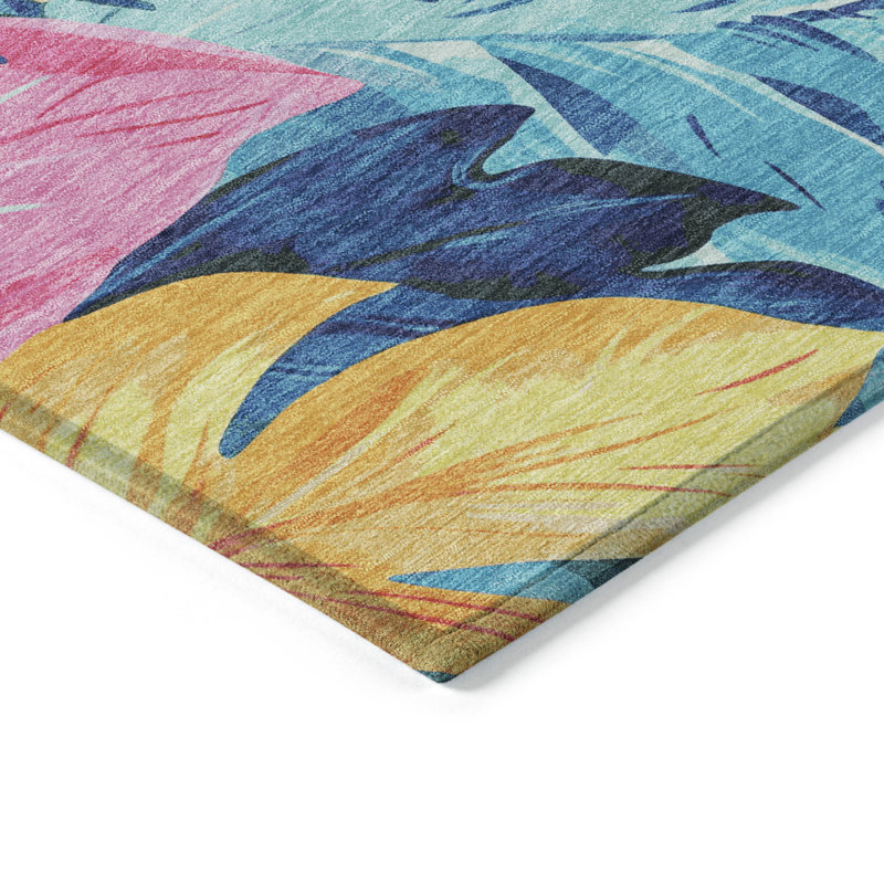 3' X 5' Sky Blue And Pink Floral Washable Indoor Outdoor Area Rug