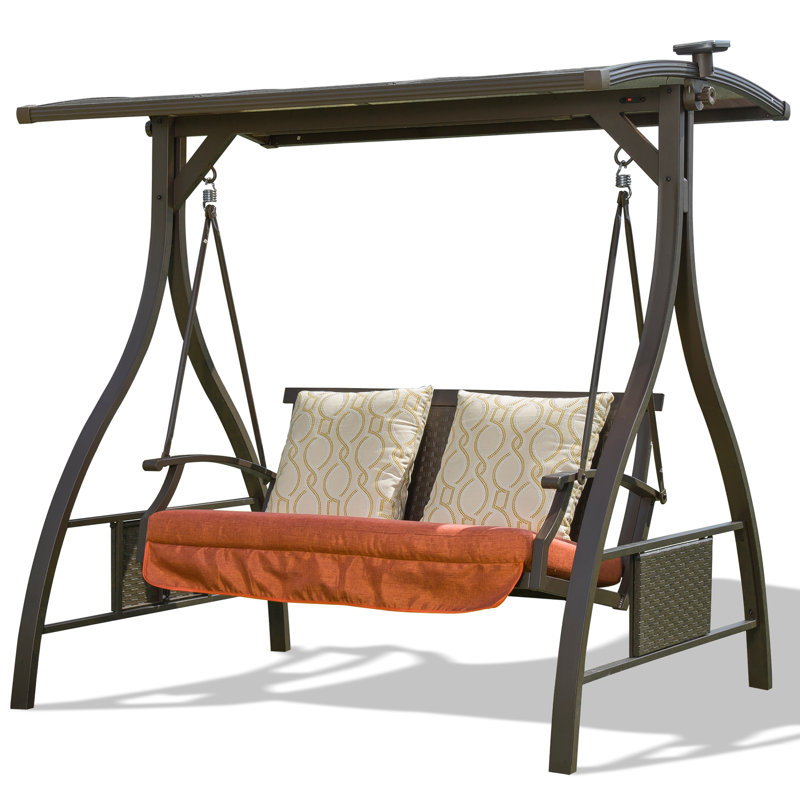 Balançoire de jardin d'extérieur avec connexion à ressort stable, auvent réglable, DEL solaire, construction de balancelle de patio à coussins confortables, confortable